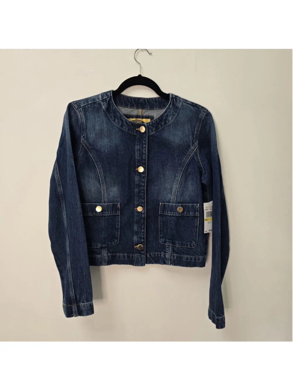 Michael Kors Denim Collarless Jean Jacket Gold Buttons Snap Pocket Medium Wash M
